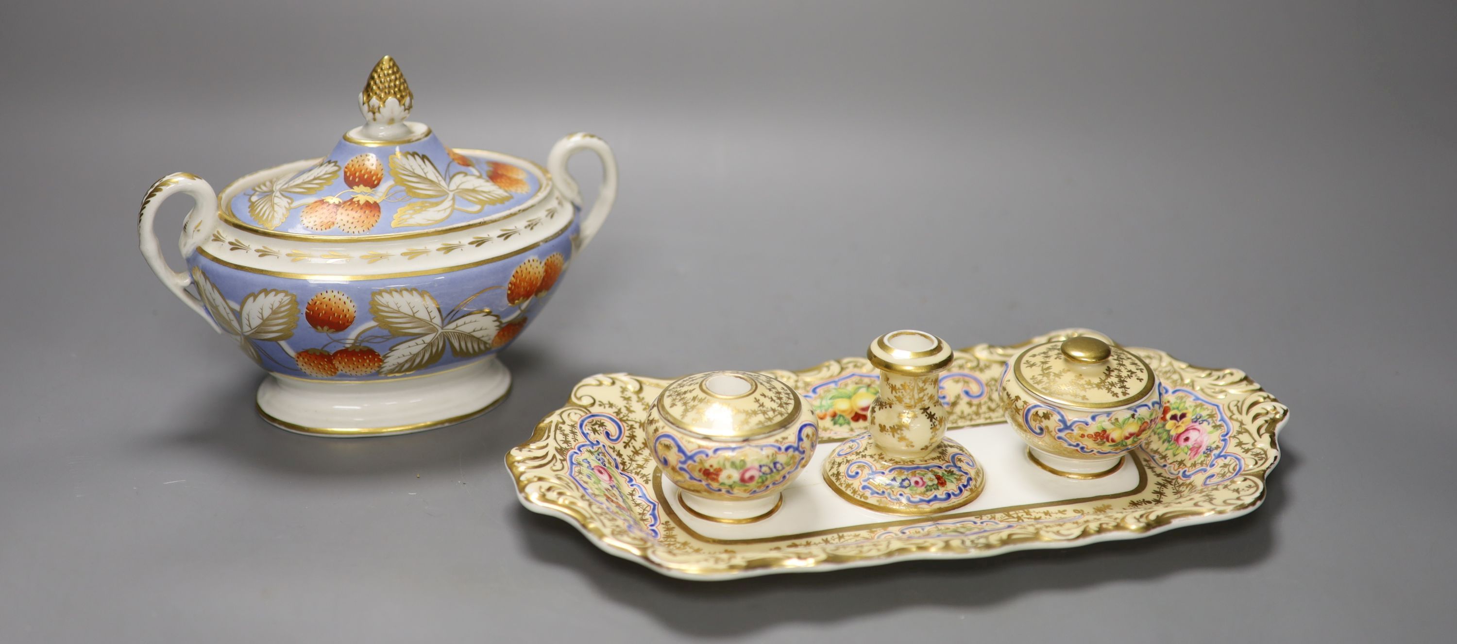 A Copeland and Garrett inkstand with fixed pots and candlestick and two covers,